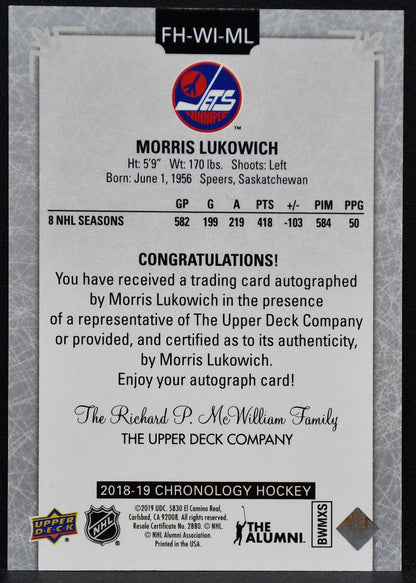 2018-19 UD Chronology Auto Morris Lukowich FH-WI-ML Winnipeg Jets Auto 5811