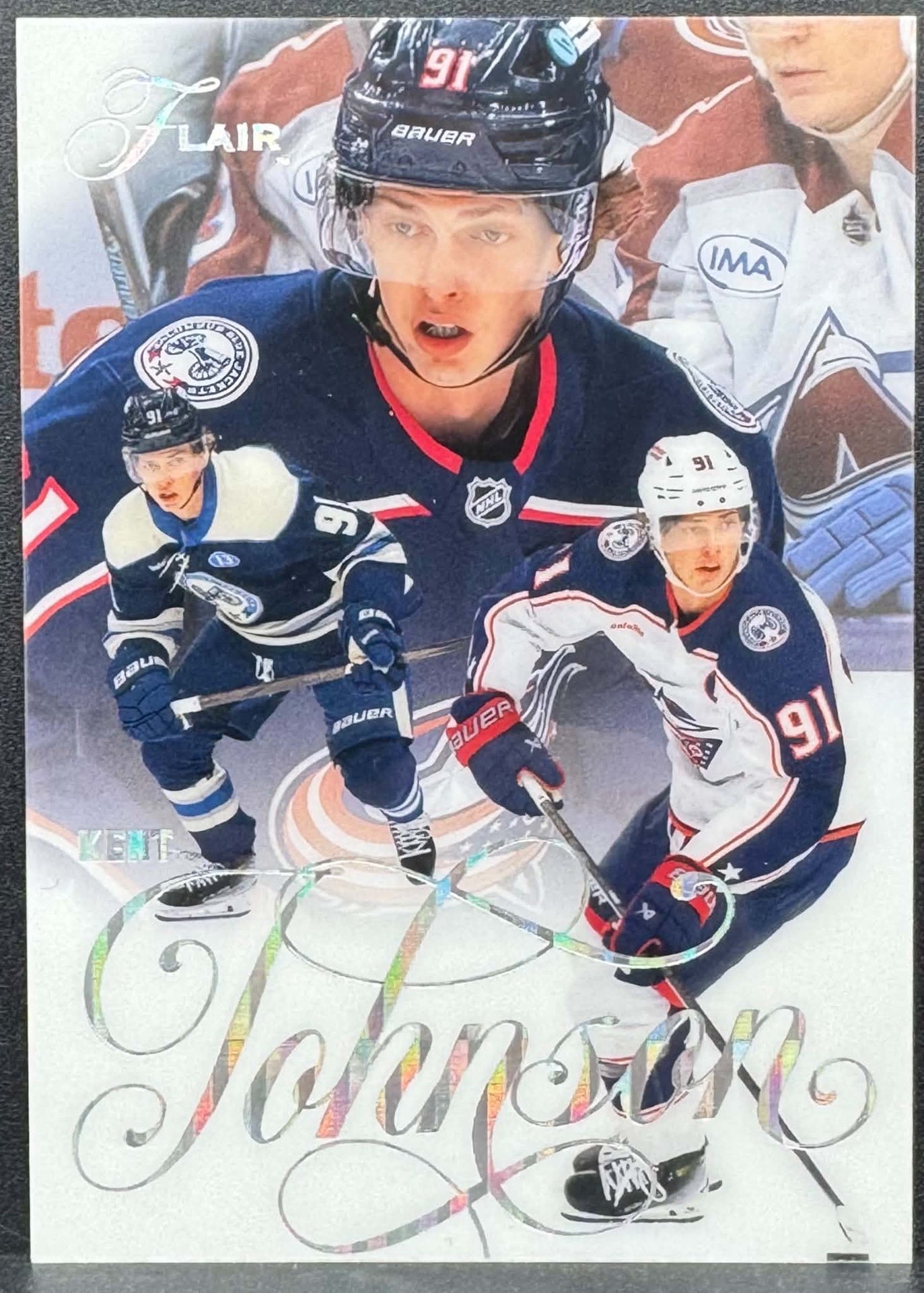 UD Kent Johnson 34 Backcheck Spectrum Flair Fleer 24-26 1/1 Blue Jacket
