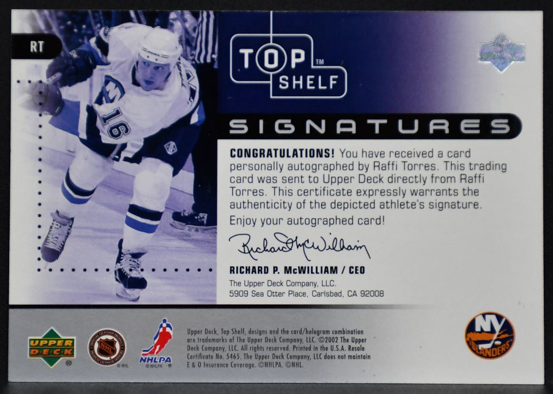 2002-03 Upper Deck Top Shelf Signatures Raffi Torres RT Islanders Auto 9727