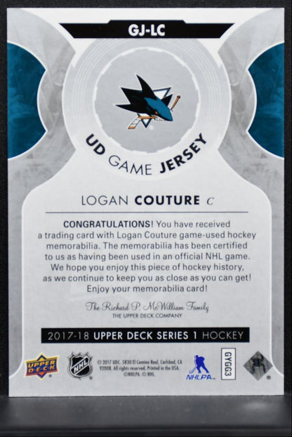 2017-18 Upper Deck Series 1 UD Game Jerseys Logan Couture Sharks Jersey 1502