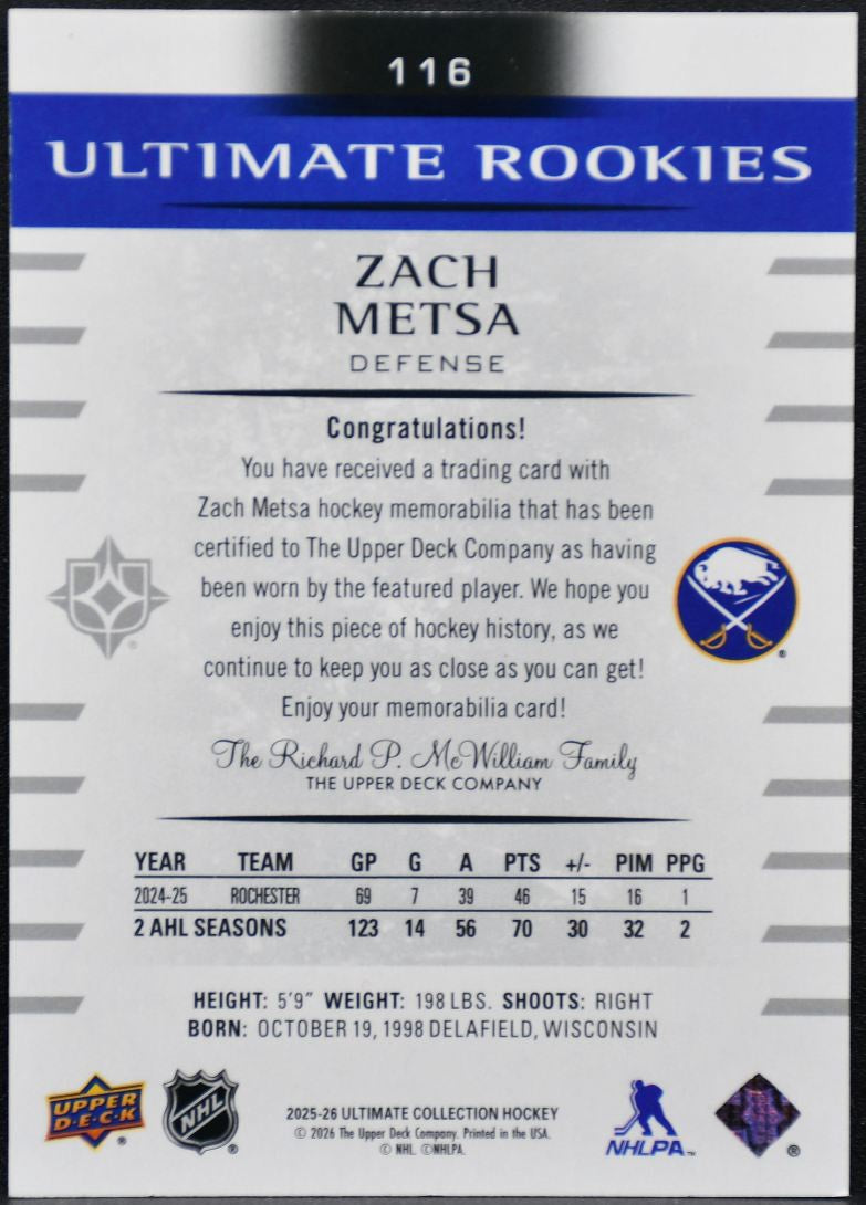2025-26 UD Ultimate Collection Rookies Jersey Metsa Sabres RC /499 Jersey 5790