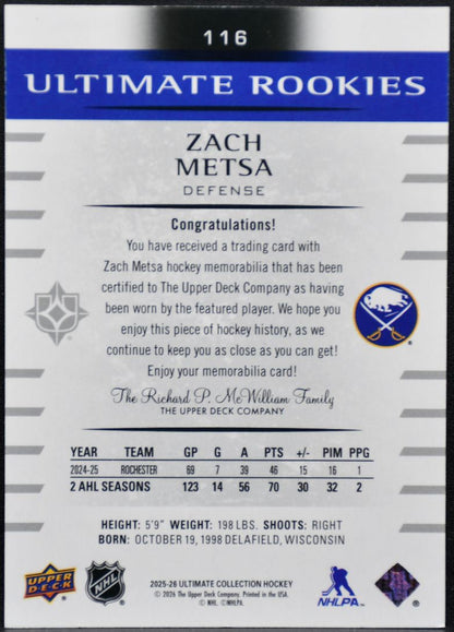 2025-26 UD Ultimate Collection Rookies Jersey Metsa Sabres RC /499 Jersey 5790