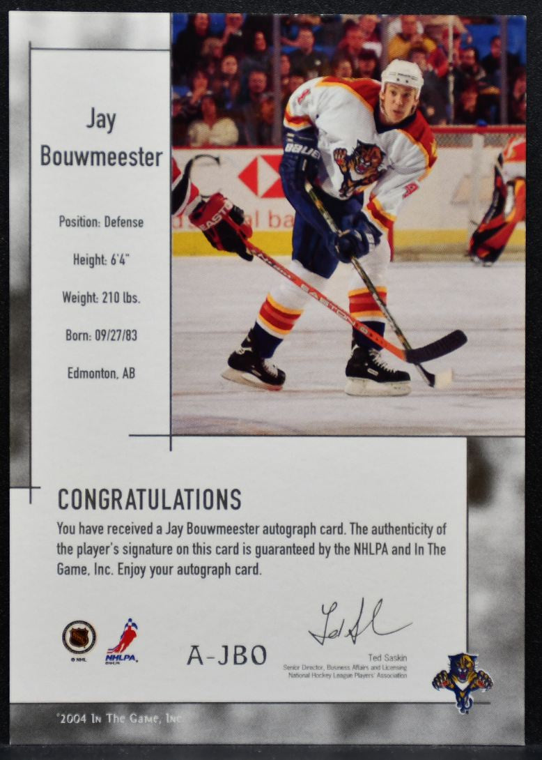 2003-04 In The Game Used Signature Series Jay Bouwmeester Panthers Auto 6716