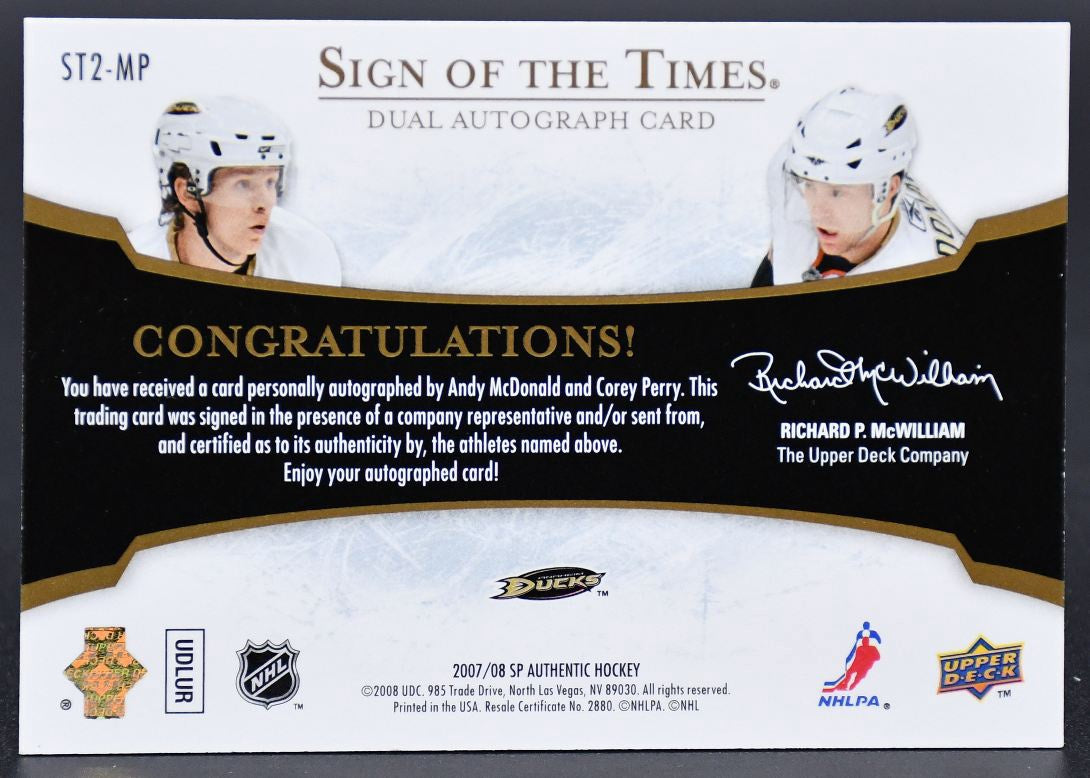 2007-08 Sp Authentic Sign of the Times Dual McDonald / Perry Anaheim Ducks Auto