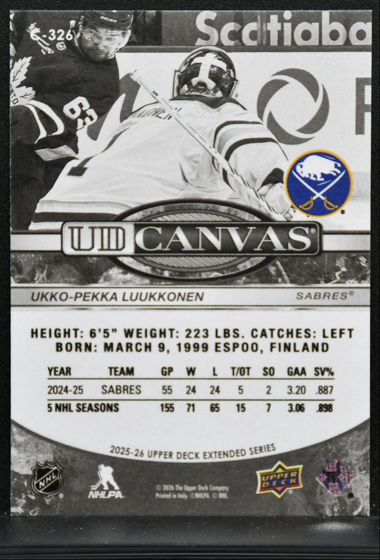 2025-26 UD Extended Series UD Canvas Black Ukko-Pekka Luukkonen Sabres 8723