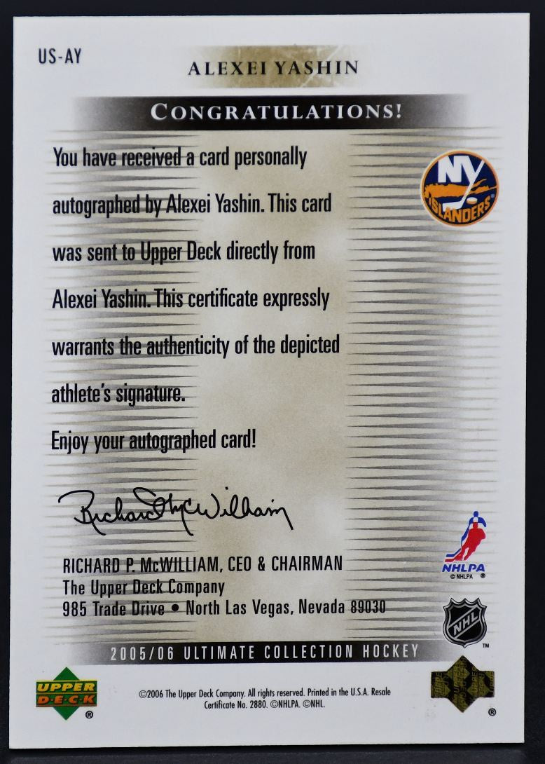 Carte autographiée Yashin US-AY des Islanders de New York, collection Ultimate Signatures UD 2005-06