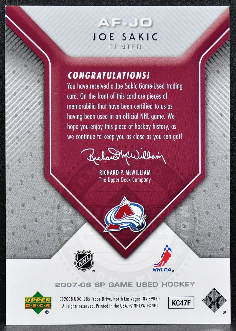 2007-08 SP Game Used Authentic Fabrics Joe Sakic AF-JO Jersey 9118