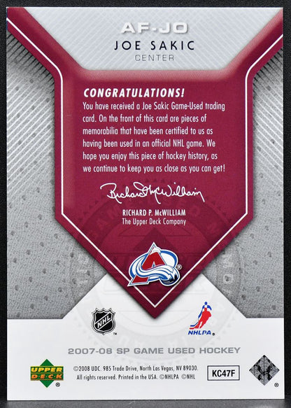 2007-08 SP Game Used Authentic Fabrics Joe Sakic AF-JO Jersey 9118