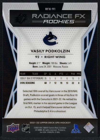 2021-22 SPx Radiance FX Rc Green Vasily Podkolzin RFX-91 Canucks Auto 14/25 5071
