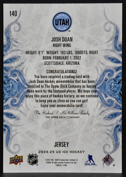 2024-25 Upper Deck Ice Rookie Jersey Josh Doan 140 Arizona Coyotes RC Jersey 7030