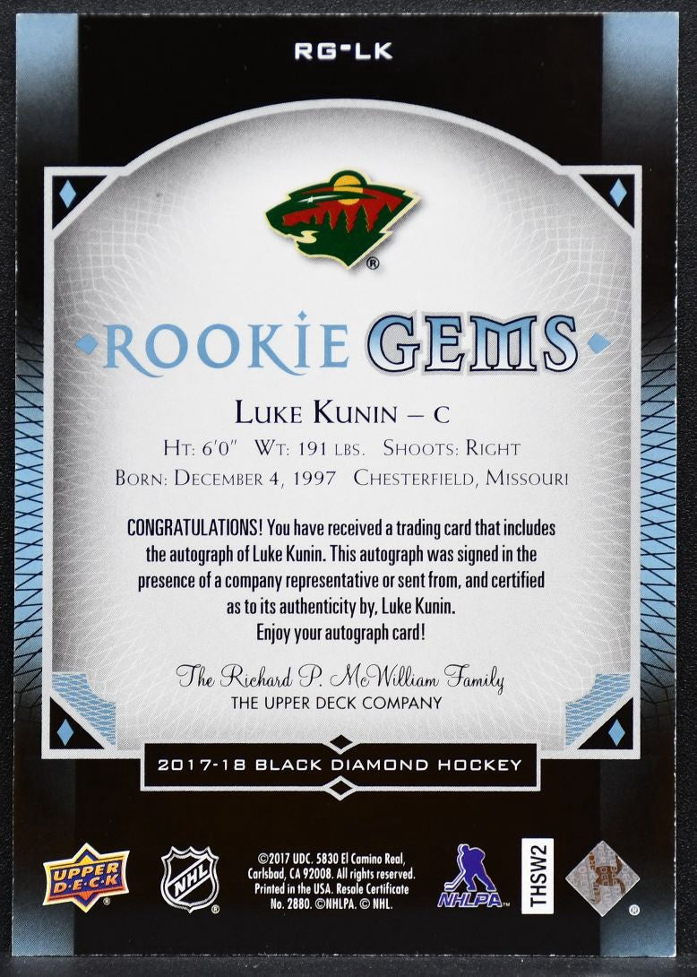 2017-18 UD Black Diamond Rc Gems Auto Luke Kunin RG-LK Wild RC Auto 128/199 7525