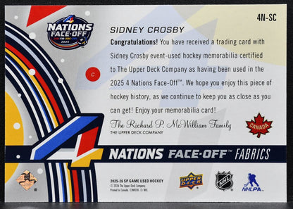 2025-26 SP Game Used 4 Nations Face Off Fabrics Sidney Crosby Canada Jersey 7146