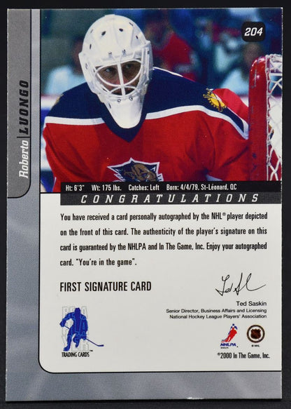 2000-01 In The Game Be A Player Roberto Luongo 204 Auto