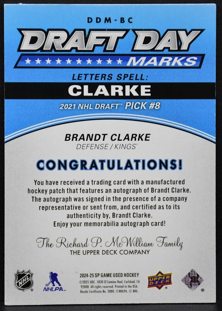 2024-25 SP Game Used Draft Day Marks Clarke Los Angeles Kings RC Auto /35 Patch 5174