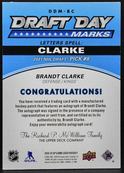 2024-25 SP Game Used Draft Day Marks Clarke Los Angeles Kings RC Auto /35 Patch 5174
