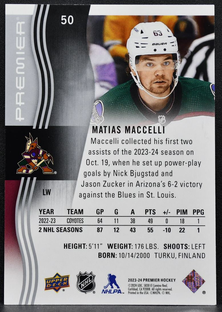 2023-24 Upper Deck Premier Matias Maccelli 50 Arizona Coyotes 282/299 7689