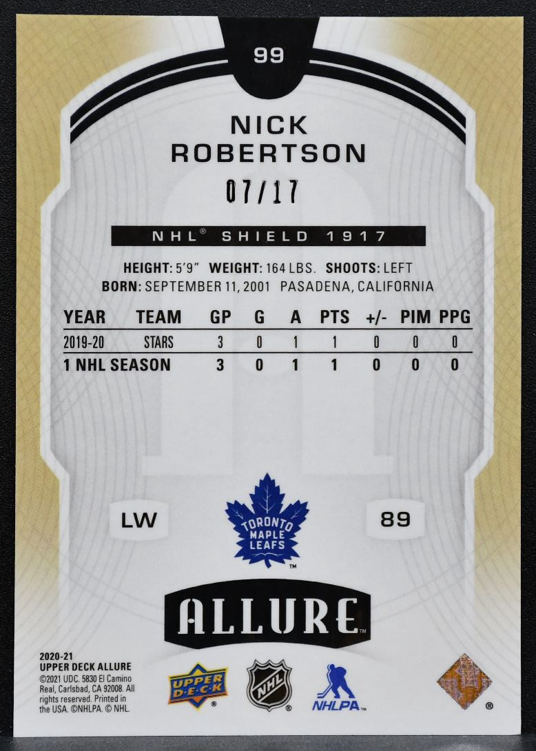 2020-21 UD Allure Rookie 1917 Shield Nick Robertson 99 Maple Leafs RC 07/17 8341