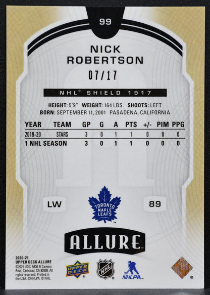 2020-21 UD Allure Rookie 1917 Shield Nick Robertson 99 Maple Leafs RC 07/17 8341