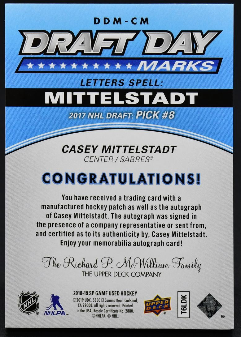 2018-19 SP Game Used Draft Day Marks Mittelstadt DDM-CM RC Auto 25/35 Jersey