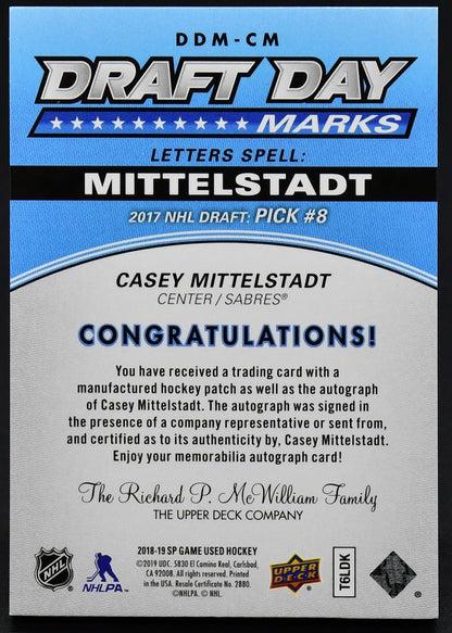 2018-19 SP Game Used Draft Day Marks Mittelstadt DDM-CM RC Auto 25/35 Jersey