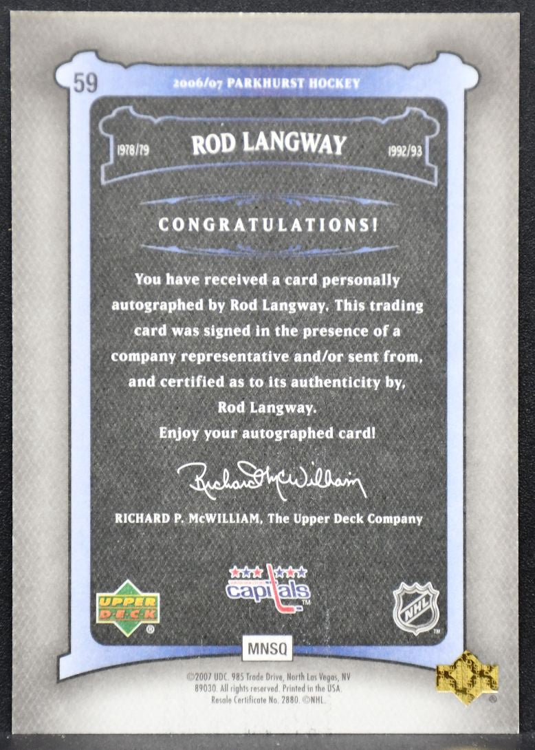 2006-07 Parkhurst Autographs Rod Langway 59 Washington Capitals Auto 1074