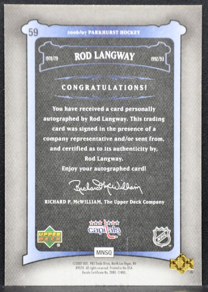2006-07 Parkhurst Autographs Rod Langway 59 Washington Capitals Auto 1074