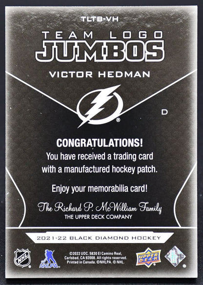 2021-22 UD Black Diamond Team Logo Jumbos Victor Hedman TLTB-VH Patch