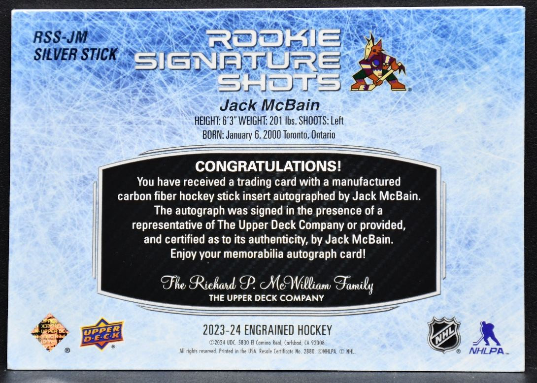 23-24 UD Engrained RC Signature Shots Jack McBain Coyotes RC Auto /299 Stick 5266