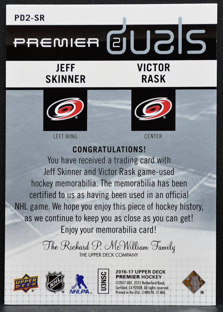 2016-17 UD Premier Duals - Jersey Skinner/Rask Hurricanes 38/99 Jersey 6359
