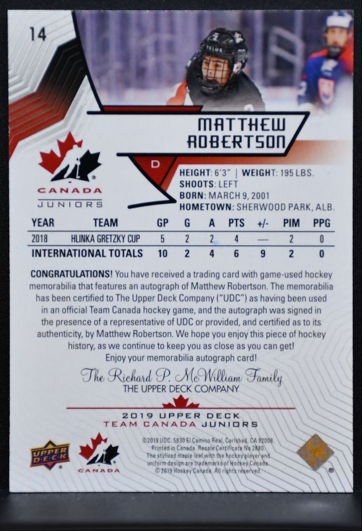 2019-20 UD Team Canada Juniors Swatch Auto Robertson Auto 143/199 Patch 6613