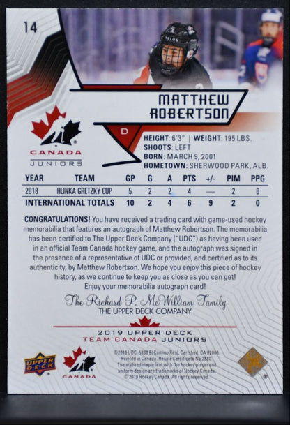2019-20 UD Team Canada Juniors Swatch Auto Robertson Auto 143/199 Patch 6613
