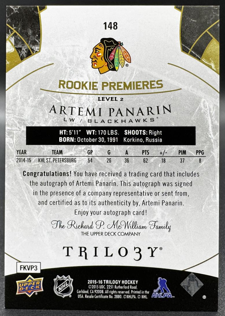 2008-09 UD Trilogy Premieres Level 2 artemi Panarin RC Auto /499