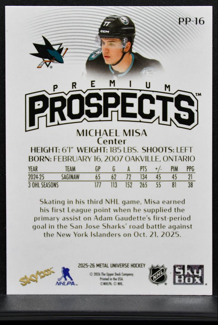2025-26 SkyBox Metal Universe Premium Prospects Michael Misa Sharks RC 9898