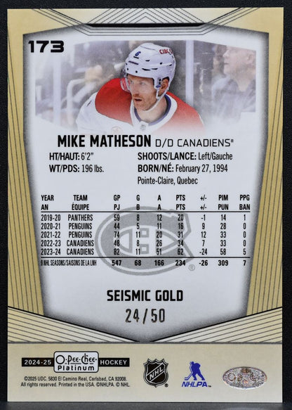 2024-25 O-Pee-Chee Platinum Seismic Gold Mike Matheson 173 Canadiens 24/50 9492