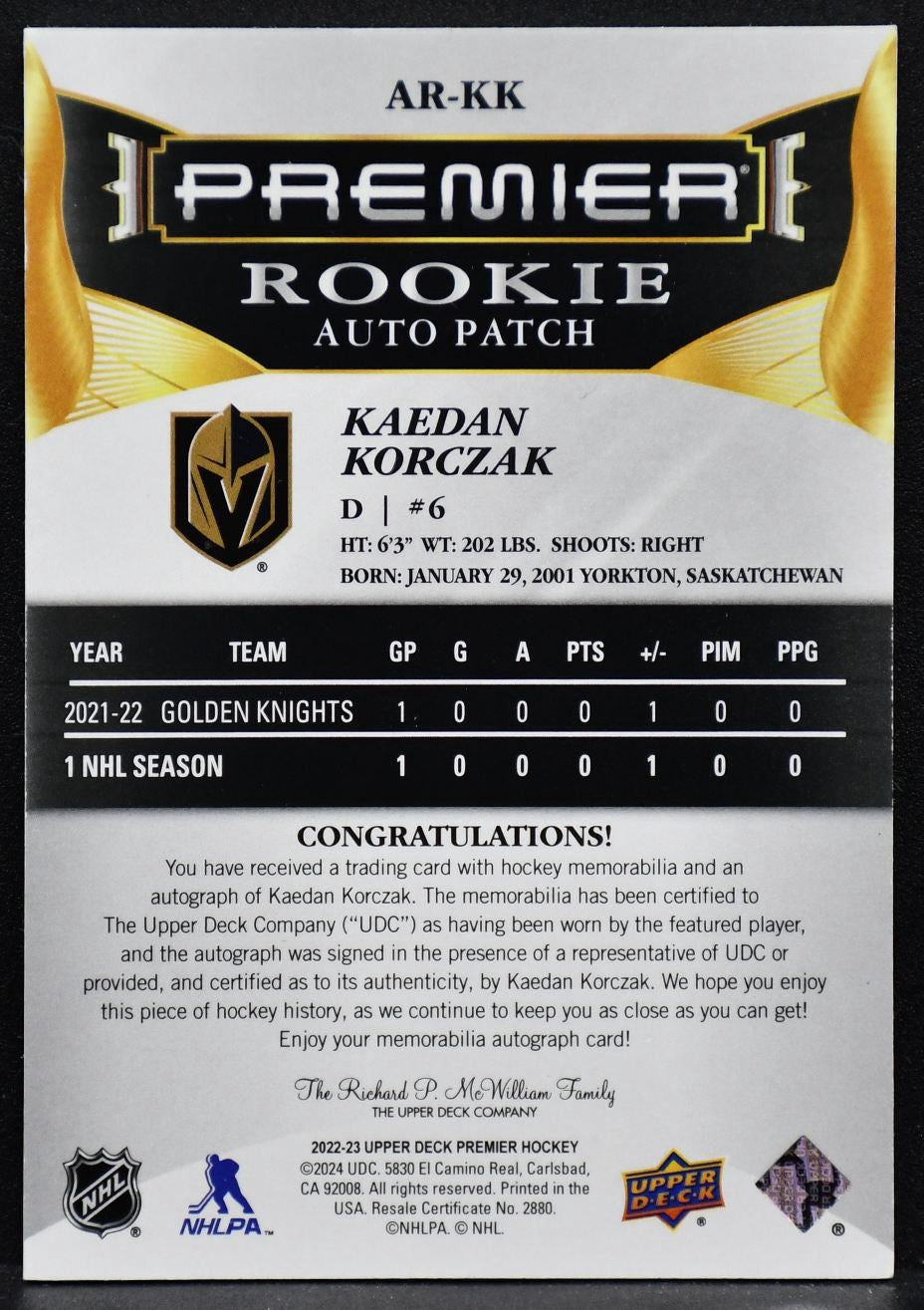 2022-23 UD Premier Acetate Rookie Auto Patch Kaedan Korczak AR-KK /249 Patch