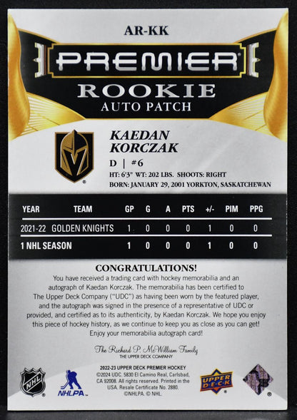 2022-23 UD Premier Acetate Rookie Auto Patch Kaedan Korczak AR-KK /249 Patch