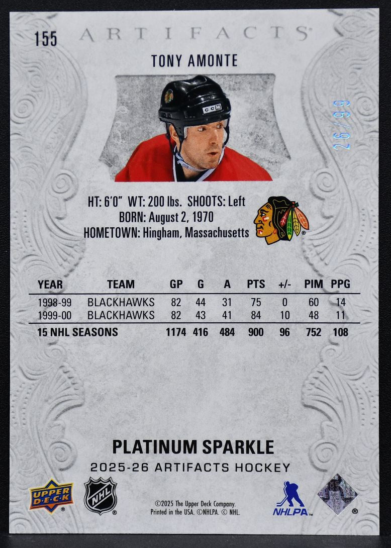 2025-26 UD Artifacts Platinum Sparkle Tony Amonte 155 Chicago Blackhawks 26/99 1923