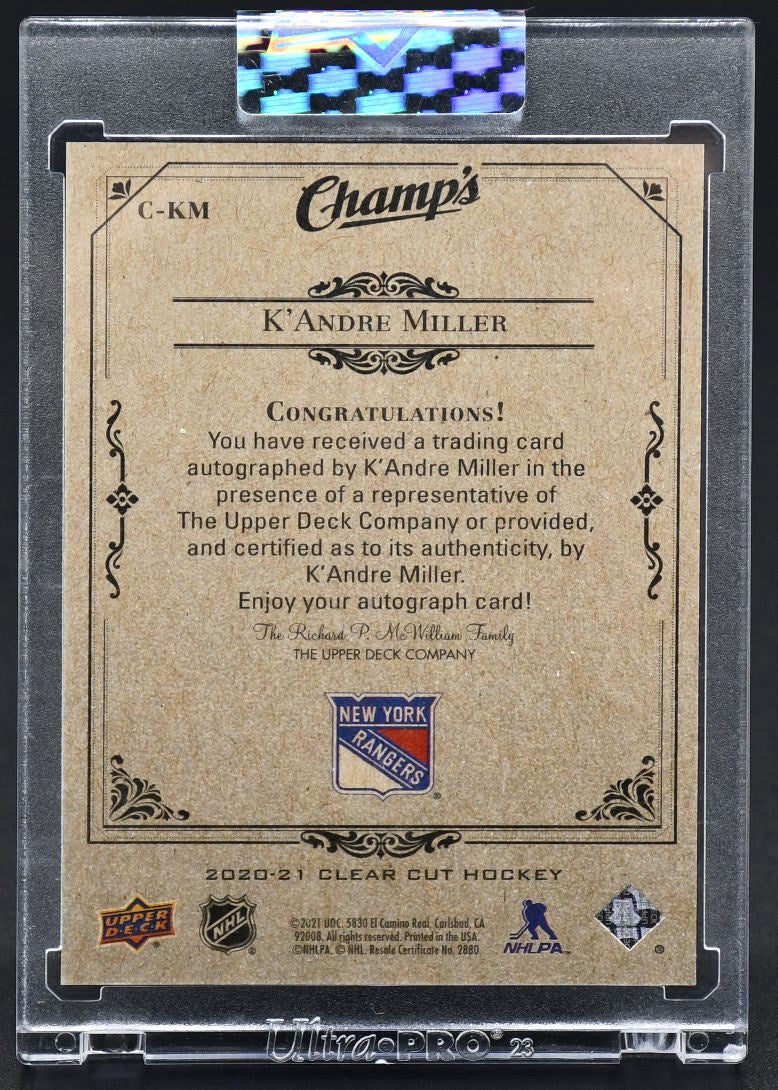2020-21 UD Clear Cut K'Andre Miller C-KM New York Rangers Auto
