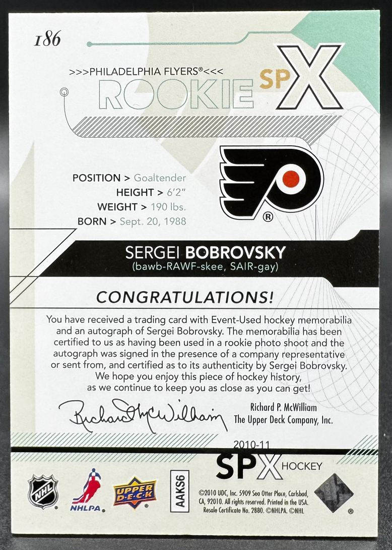 2010-11 UD Spx Rookie Sergei Bobrovsky Philadelphia Flyers RC Auto /799 Jersey