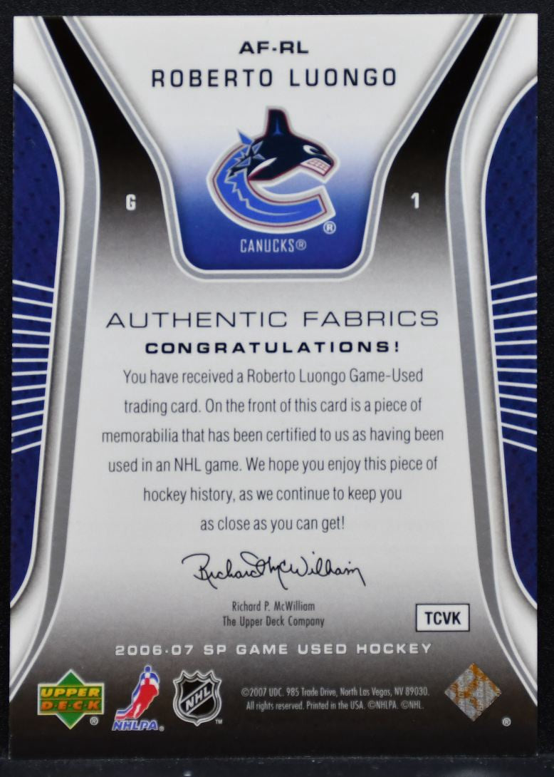 2006-07 SP Game Used Authentic Fabrics Roberto Luongo AF-RL Canucks Jersey 8420