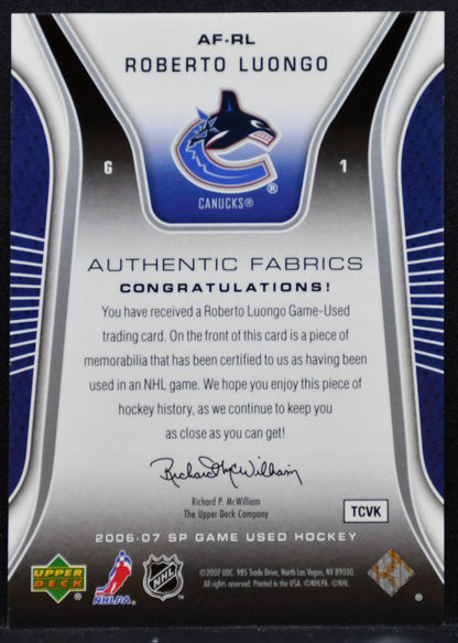 2006-07 SP Game Used Authentic Fabrics Roberto Luongo AF-RL Canucks Jersey 8420