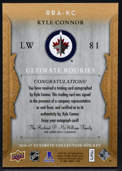 2016-17 UD Ultimate Collection Rookies Autograph Kyle Connor 81 RC Auto 095/199