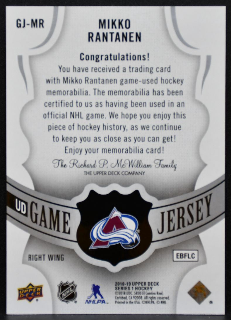 2018-19 Upper Deck Series 1 UD Game Jersey Mikko Rantanen Avalanche Jersey 5425