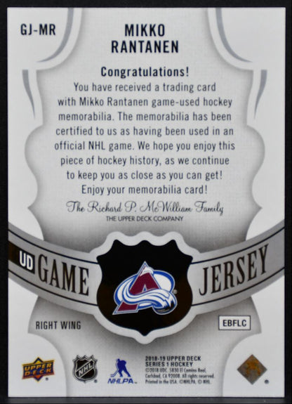 2018-19 Upper Deck Series 1 UD Game Jersey Mikko Rantanen Avalanche Jersey 5425
