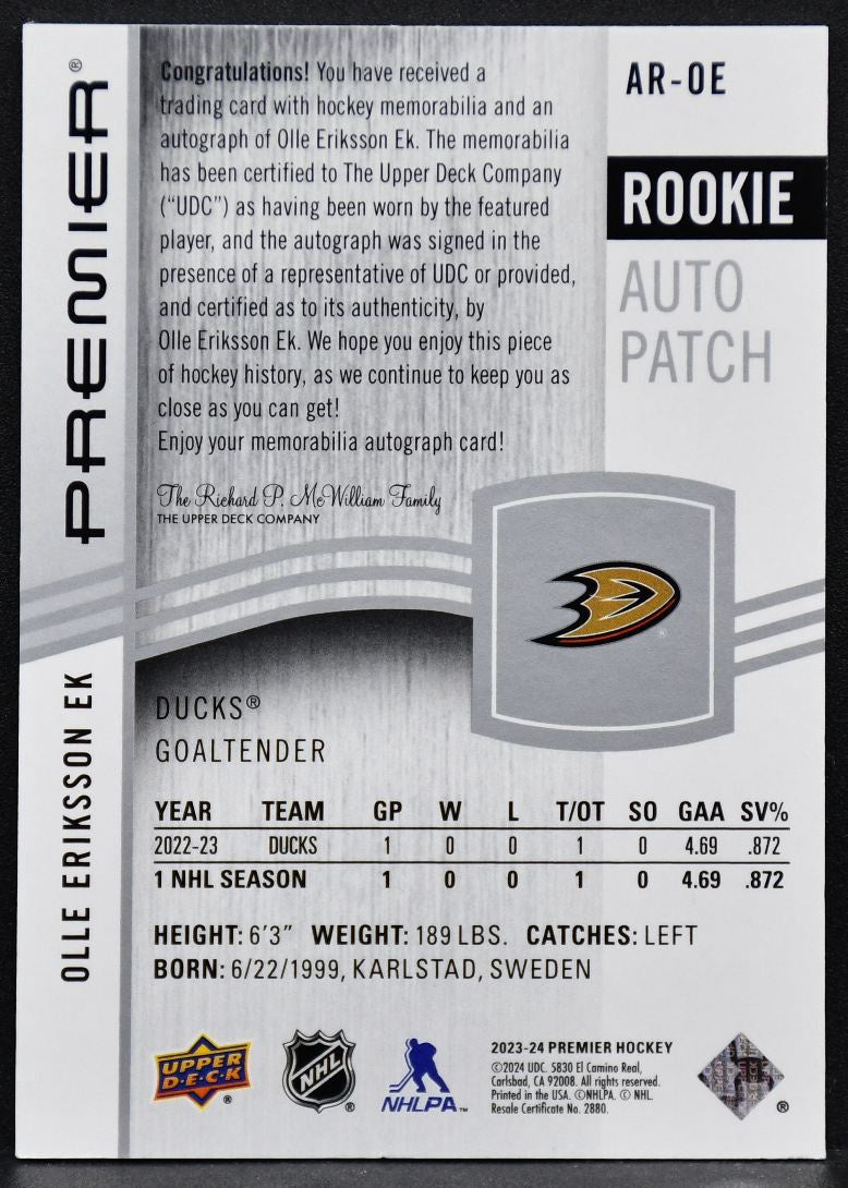 2023-24 UD Premier Collection Rookie Auto Patch Olle Eriksson Ek AR-OE RC /249
