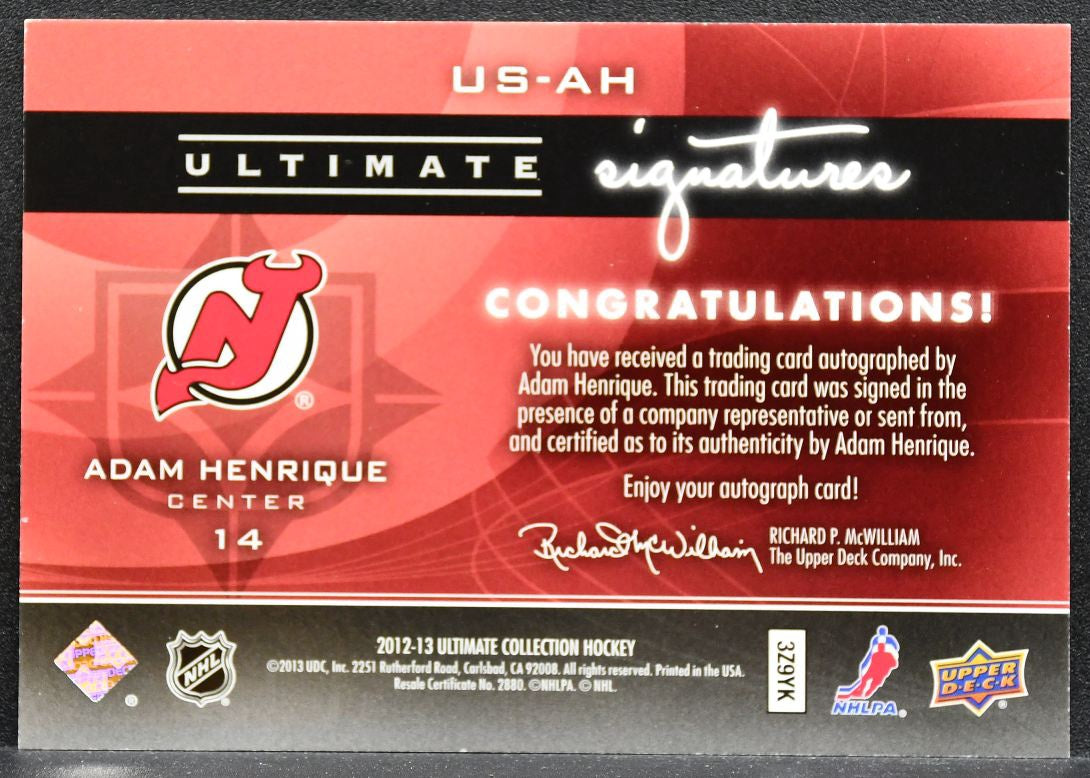 2012-13 UD Ultimate Collection Signatures Adam Henrique US-AH Devils Auto 0055