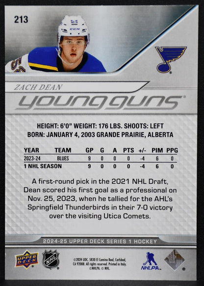 24-25 UD Series 1 UD Exclusives Young Guns Zach Dean 213 Blues RC 005/100 6088