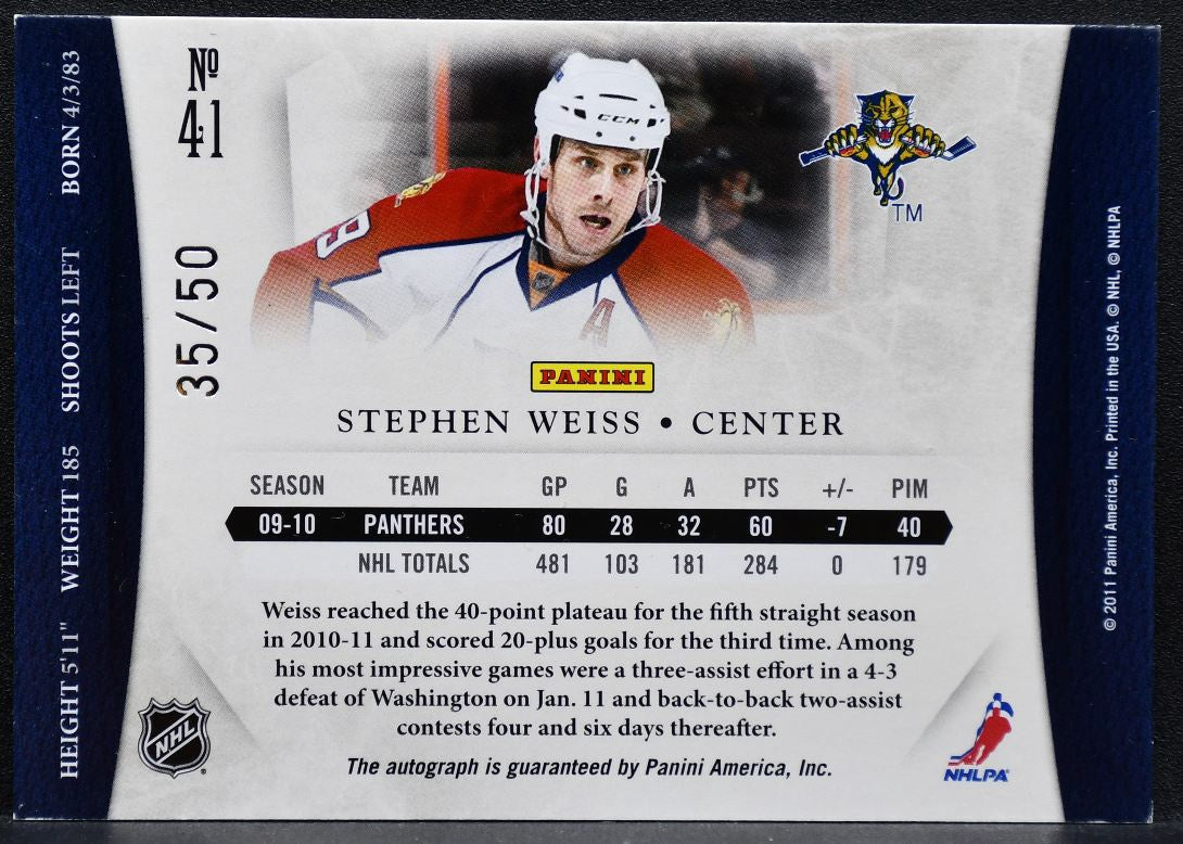 2010-11 Panini Dominion Ruby Signatures Stephen Weiss Panthers Auto 35/50 0323