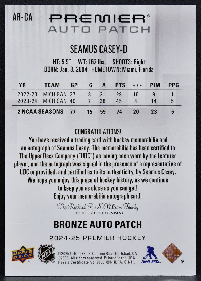 2024-25 UD Premier Acetate Bronze Rookies Auto Patch Casey RC Auto Patch 5701