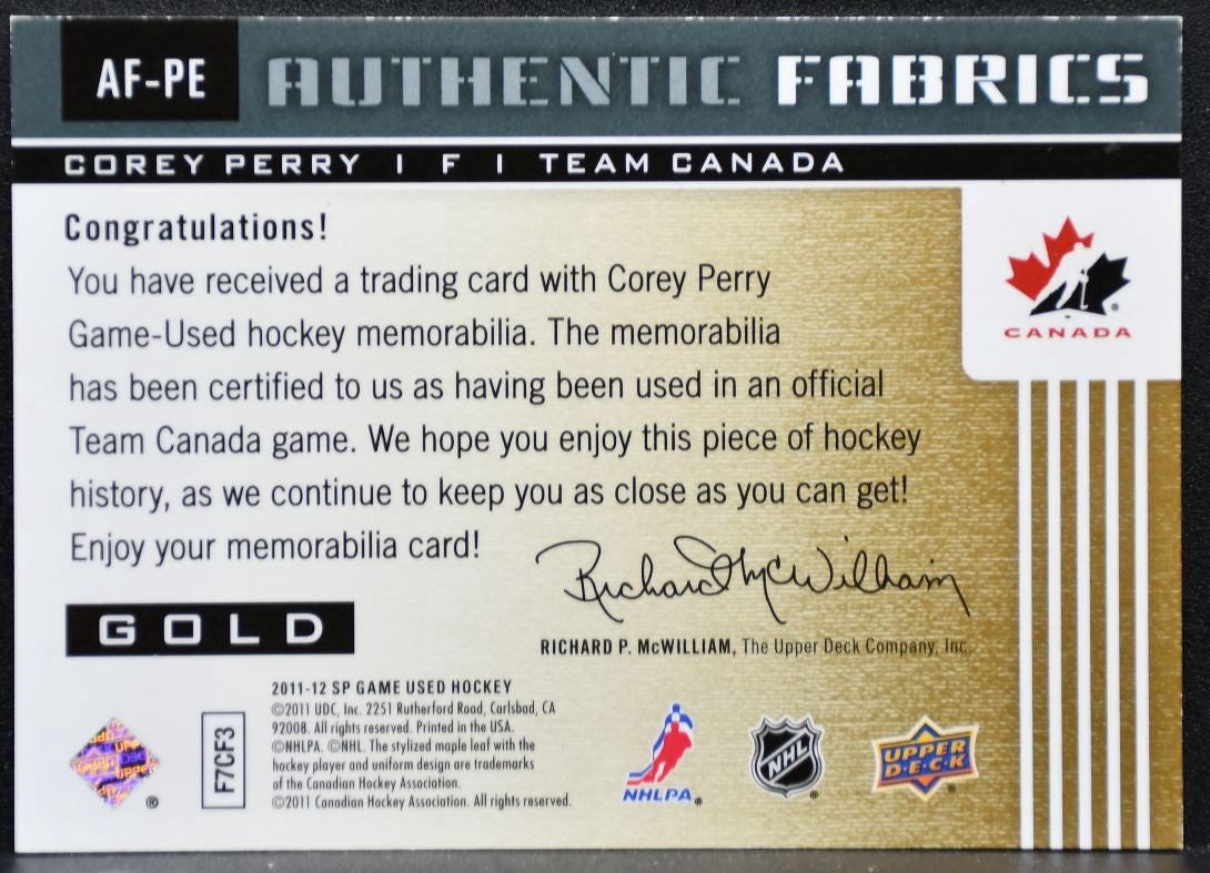 2011-12 SP Game Used Authentic Fabrics Corey Perry AF-PE Ducks Jersey 1440